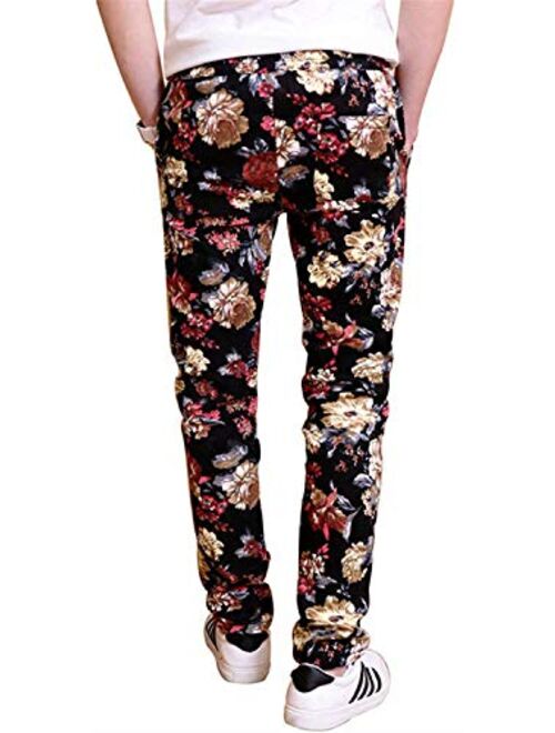 QZH.DUAO Floral Printed Casual Pants Slim Fit Flower Trousers for Men