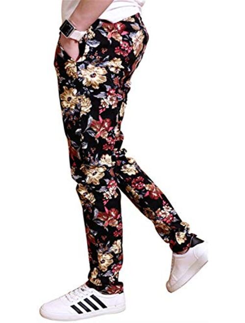 QZH.DUAO Floral Printed Casual Pants Slim Fit Flower Trousers for Men