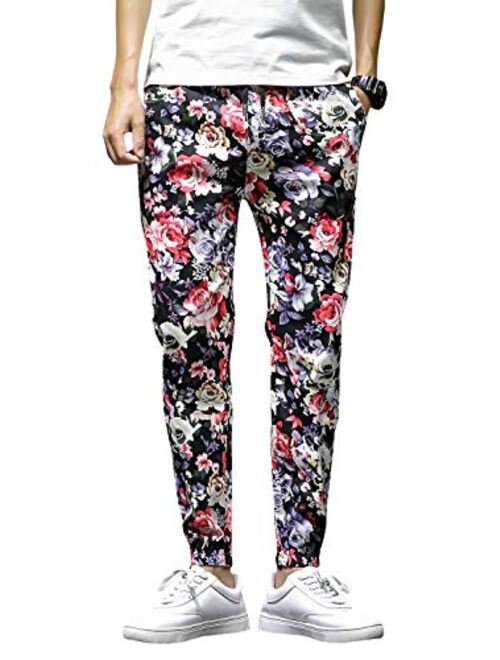 QZH.DUAO Floral Printed Casual Pants Slim Fit Flower Trousers for Men