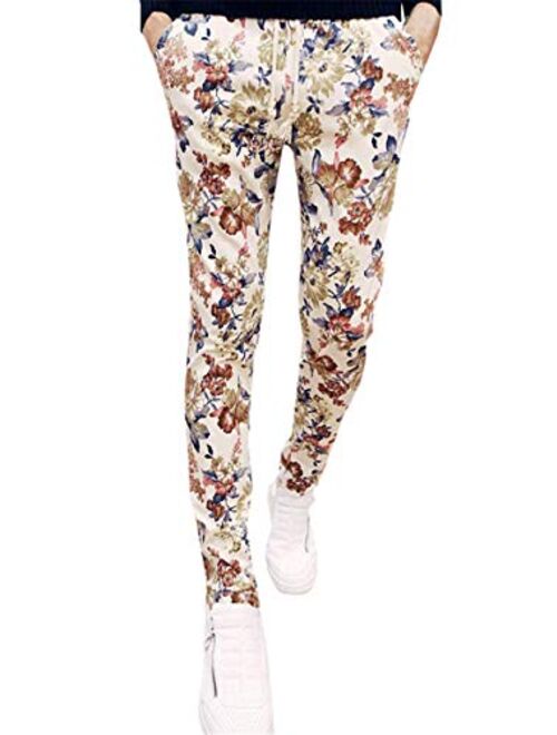 QZH.DUAO Floral Printed Casual Pants Slim Fit Flower Trousers for Men