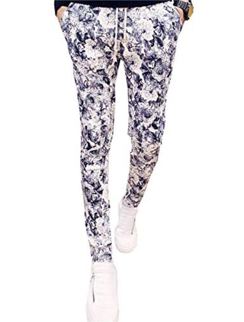 QZH.DUAO Floral Printed Casual Pants Slim Fit Flower Trousers for Men