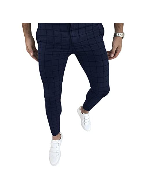 Percle Men's Fashion Stretch Dress Pants Slim Fit Plaid Skinny Long Pants Casual Business Golf Dress Pants