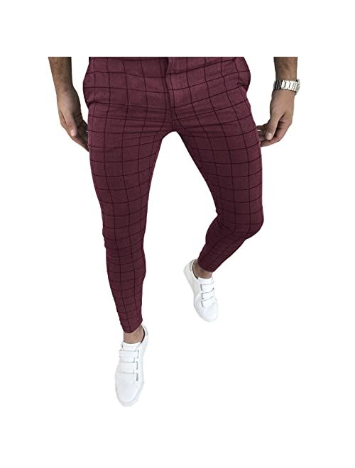 Percle Men's Fashion Stretch Dress Pants Slim Fit Plaid Skinny Long Pants Casual Business Golf Dress Pants