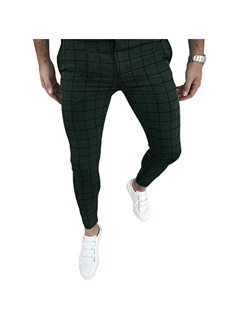 Percle Men's Fashion Stretch Dress Pants Slim Fit Plaid Skinny Long Pants Casual Business Golf Dress Pants