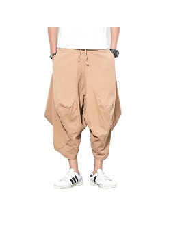 INVACHI Men's Elastic Waist Wide Leg Cotton Harem Baggy Pants Patchwork Linen Capri Trousers