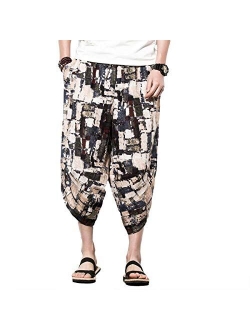 INVACHI Men's Elastic Waist Wide Leg Cotton Harem Baggy Pants Patchwork Linen Capri Trousers