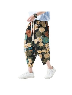 INVACHI Men's Elastic Waist Wide Leg Cotton Harem Baggy Pants Patchwork Linen Capri Trousers