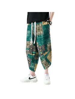 INVACHI Men's Elastic Waist Wide Leg Cotton Harem Baggy Pants Patchwork Linen Capri Trousers