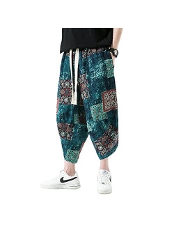 INVACHI Men's Elastic Waist Wide Leg Cotton Harem Baggy Pants Patchwork Linen Capri Trousers