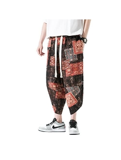 INVACHI Men's Elastic Waist Wide Leg Cotton Harem Baggy Pants Patchwork Linen Capri Trousers