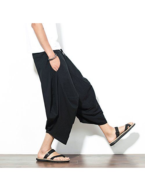 INVACHI Men's Elastic Waist Wide Leg Cotton Harem Baggy Pants Patchwork Linen Capri Trousers