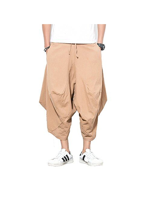 INVACHI Men's Elastic Waist Wide Leg Cotton Harem Baggy Pants Patchwork Linen Capri Trousers