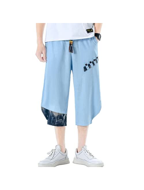 INVACHI Men's Elastic Waist Wide Leg Cotton Harem Baggy Pants Patchwork Linen Capri Trousers