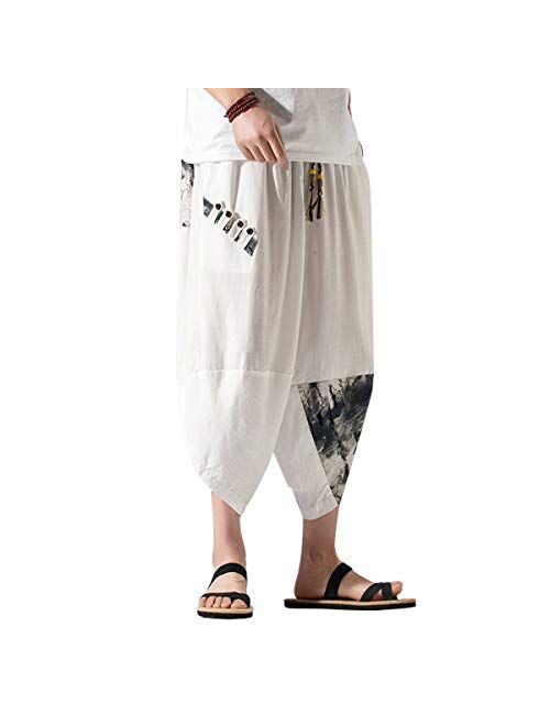 INVACHI Men's Elastic Waist Wide Leg Cotton Harem Baggy Pants Patchwork Linen Capri Trousers