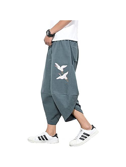 INVACHI Men's Elastic Waist Wide Leg Cotton Harem Baggy Pants Patchwork Linen Capri Trousers