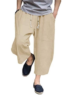 PASLTER Mens Casual Baggy Capri Pants Elastic Waist Linen Lightweight Loose Summer Trousers