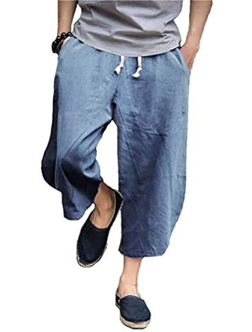 PASLTER Mens Casual Baggy Capri Pants Elastic Waist Linen Lightweight Loose Summer Trousers