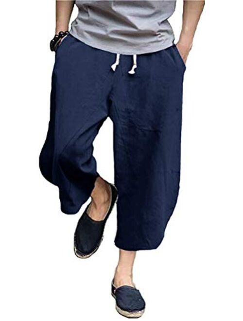 PASLTER Mens Casual Baggy Capri Pants Elastic Waist Linen Lightweight Loose Summer Trousers