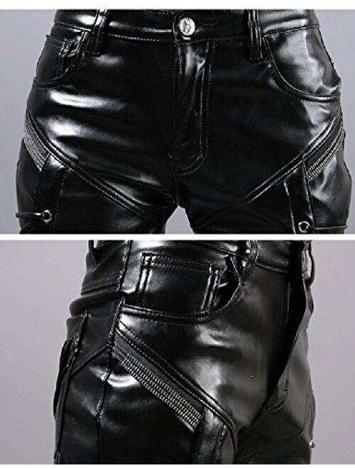 Idopy Men`s Rock Steampunk Lace Up PU Leather Pants Slim Fit