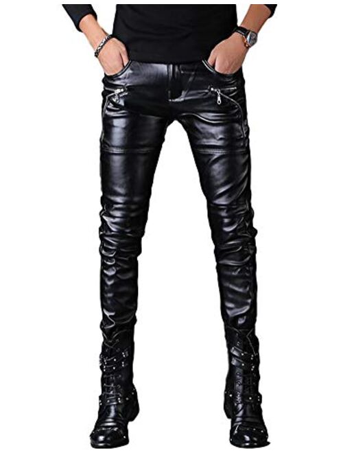 Idopy Men`s Rock Steampunk Lace Up PU Leather Pants Slim Fit