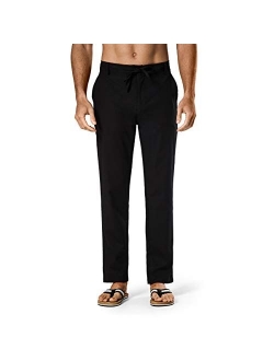 DELCARINO Men's Drawstring Linen Pant Elastic Waist Relaxed-Fit Casual Beach Trousers