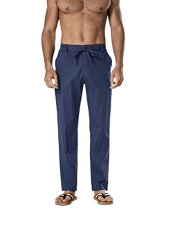 DELCARINO Men's Drawstring Linen Pant Elastic Waist Relaxed-Fit Casual Beach Trousers