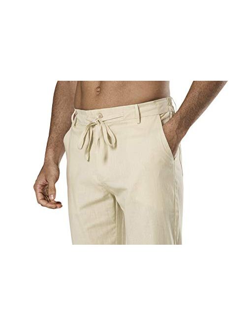 DELCARINO Men's Drawstring Linen Pant Elastic Waist Relaxed-Fit Casual Beach Trousers