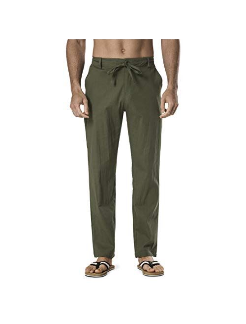 DELCARINO Men's Drawstring Linen Pant Elastic Waist Relaxed-Fit Casual Beach Trousers