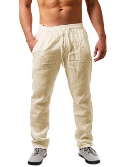 Karlywindow Mens Linen Pants Casual Loose Lightweight Drawstring Elastic Waist Summer Yoga Beach Trousers