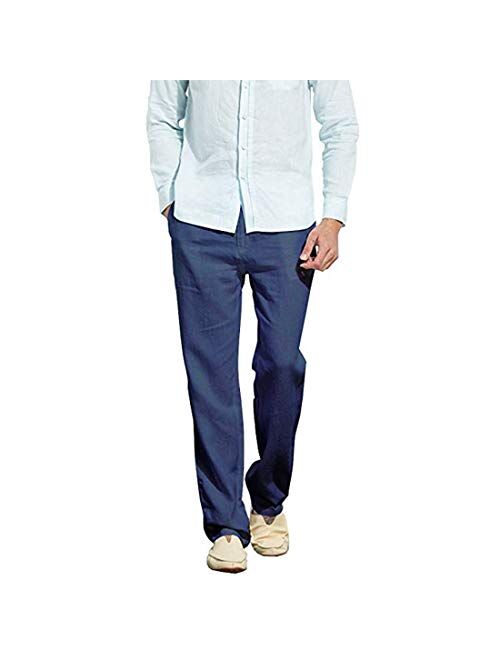 LOCALMODE Men's Casual Lightweight Linen Trousers Drawstring Elastic Waist Summer Beach Pants