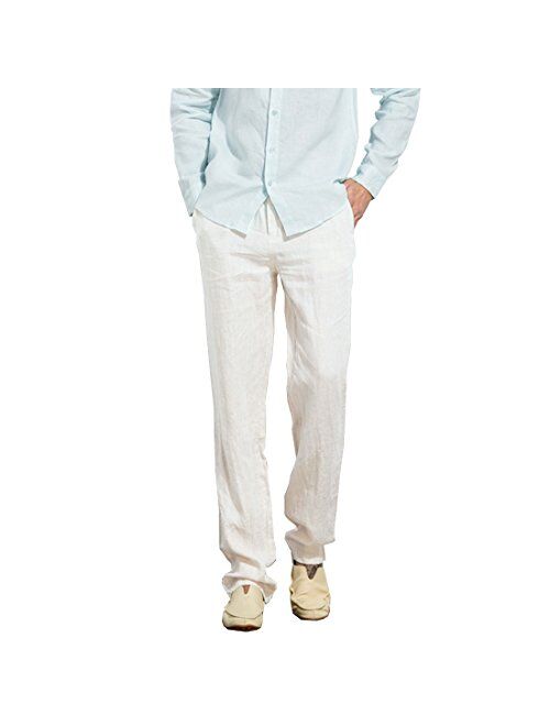 LOCALMODE Men's Casual Lightweight Linen Trousers Drawstring Elastic Waist Summer Beach Pants