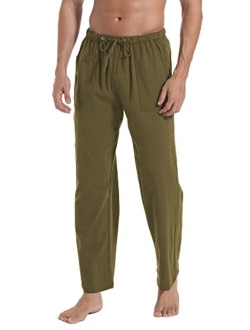 perdontoo Mens Cotton Linen Loose Casual Lightweight Elastic Waist Summer Beach Pants