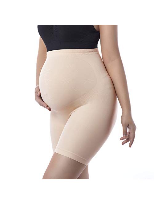 +MD Seamless Maternity Underwear High Waist Belly Support Shapewear Over Bump Mid-Thigh Pregnancy Panties for Dresses