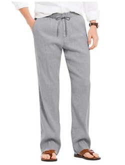 Men's Linen Casual Pants Elastic Waist Drawstring Beach Yoga Trousers