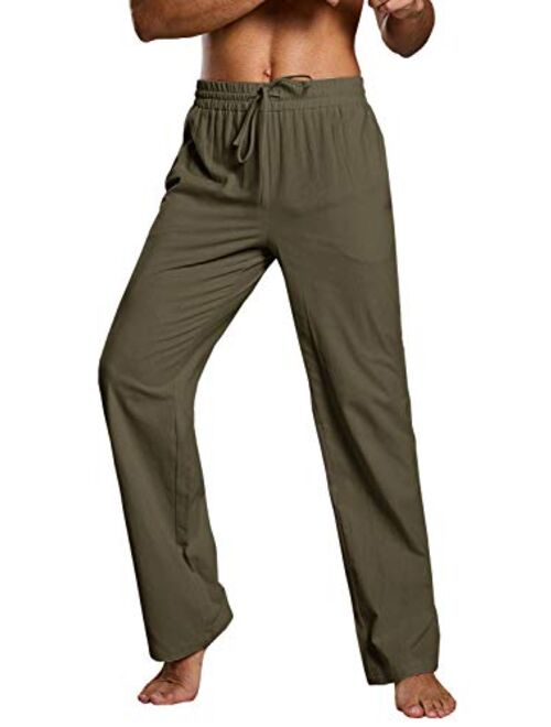 Karlywindow Mens Cotton Linen Casual Pants Elastic Waist Loose Fit Trousers Cargo Beach Pant