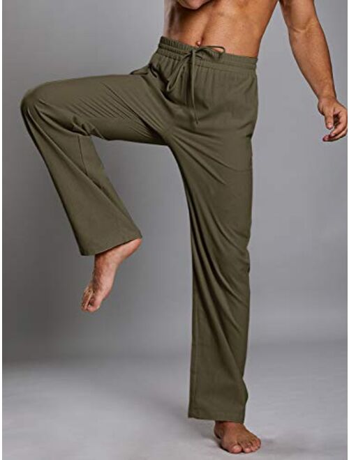 Karlywindow Mens Cotton Linen Casual Pants Elastic Waist Loose Fit Trousers Cargo Beach Pant