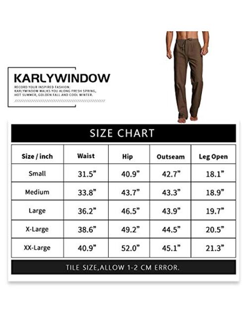 Karlywindow Mens Cotton Linen Casual Pants Elastic Waist Loose Fit Trousers Cargo Beach Pant