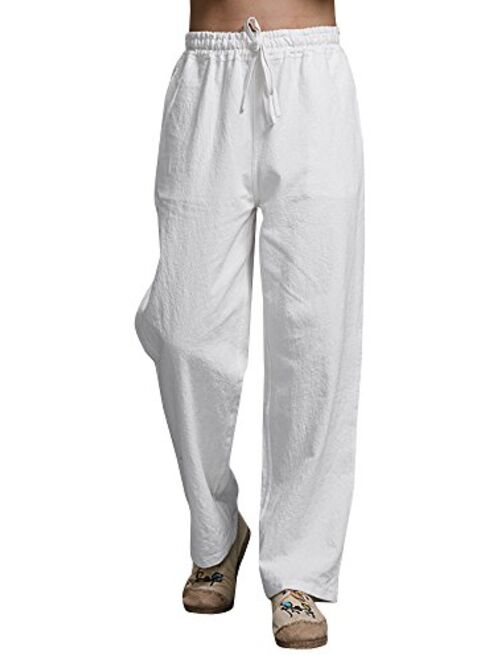 Karlywindow Mens Cotton Linen Casual Pants Elastic Waist Loose Fit Trousers Cargo Beach Pant