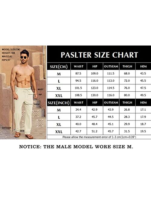 PASLTER Mens Casual Linen Pants Loose Fit Straight-Legs Elastic Drawstring Waist Summer Beach Yoga Long Pants