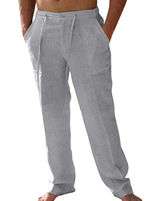 PASLTER Mens Casual Linen Pants Loose Fit Straight-Legs Elastic Drawstring Waist Summer Beach Yoga Long Pants