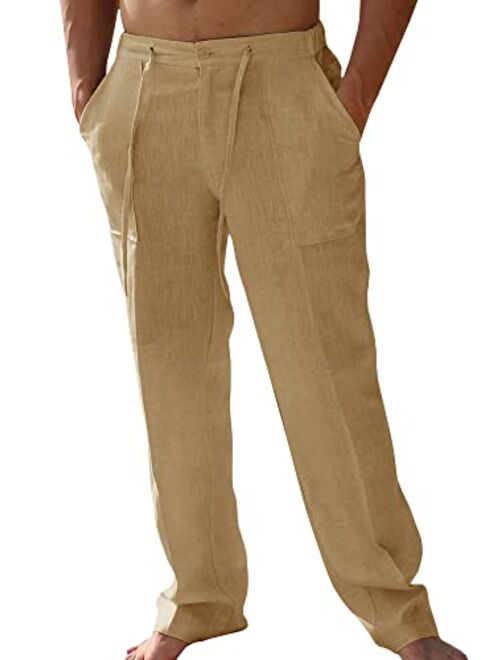 PASLTER Mens Casual Linen Pants Loose Fit Straight-Legs Elastic Drawstring Waist Summer Beach Yoga Long Pants