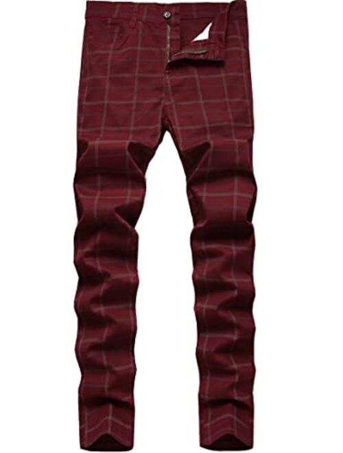 GUNLIRE Men's Chino Pants Skinny Fit Plaid Flat-Front Stretch Slim Stylish Casual Business Dress Pants