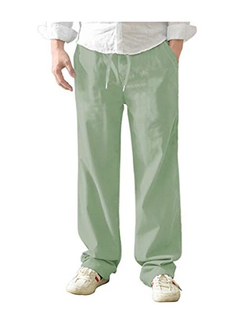 AKEWEI Mens Linen Pants Relaxed Fit Drawstring Elastic Waist Lounging Pants Comfortable