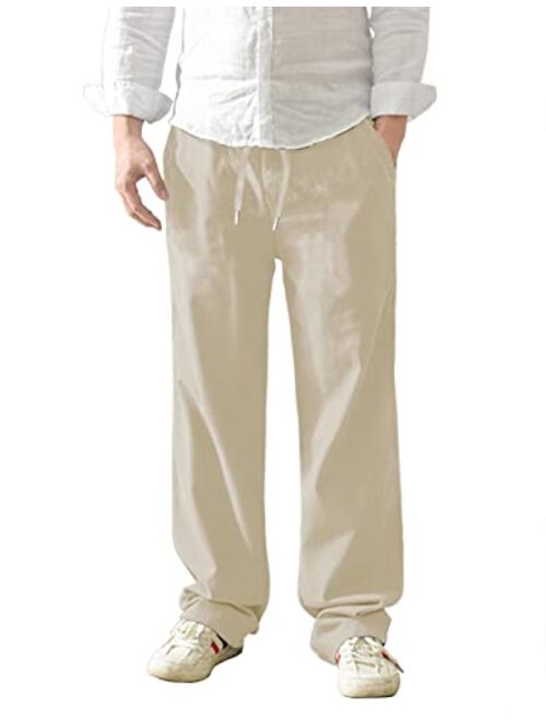 AKEWEI Mens Linen Pants Relaxed Fit Drawstring Elastic Waist Lounging Pants Comfortable