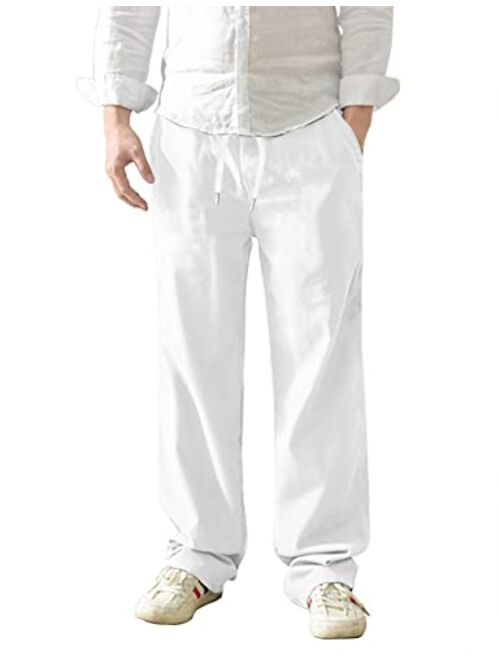 AKEWEI Mens Linen Pants Relaxed Fit Drawstring Elastic Waist Lounging Pants Comfortable