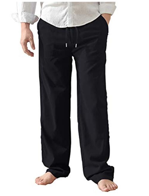 AKEWEI Mens Linen Pants Relaxed Fit Drawstring Elastic Waist Lounging Pants Comfortable