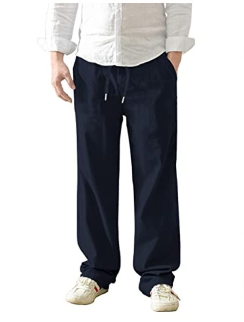 AKEWEI Mens Linen Pants Relaxed Fit Drawstring Elastic Waist Lounging Pants Comfortable