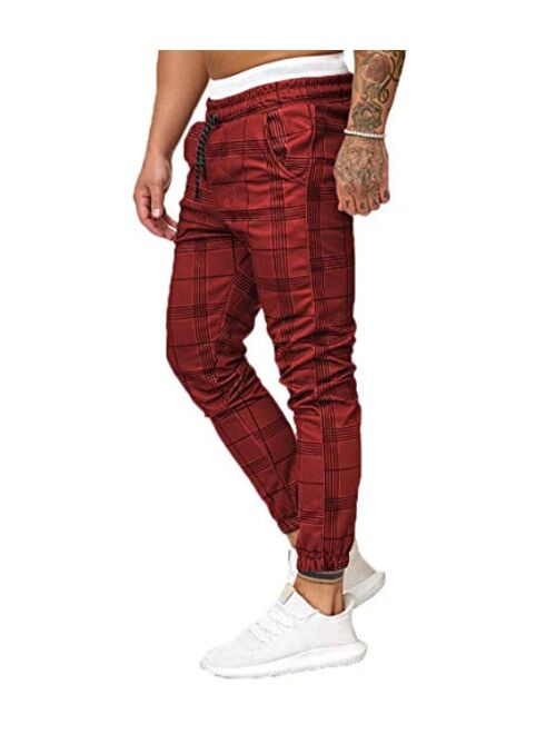 Canrulo Men's Long Casual Sport Pants Slim Fit Plaid Trousers Running Joggers Sweatpants