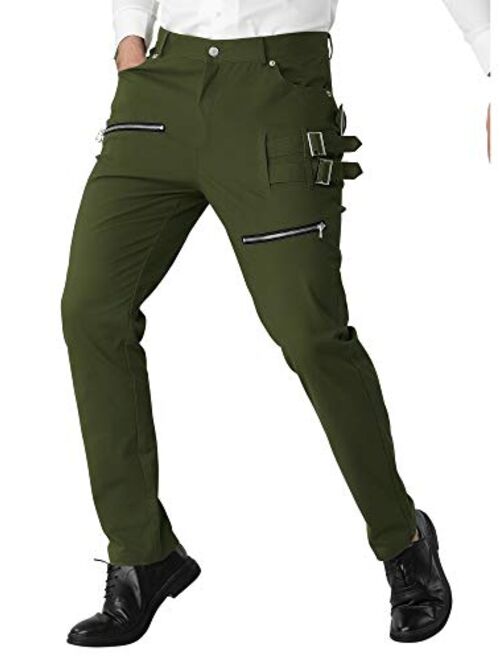 uxcell Men's Casual Slim Fit Punk Gothic Pockets Patch Buckle Zipper Pants Trousers