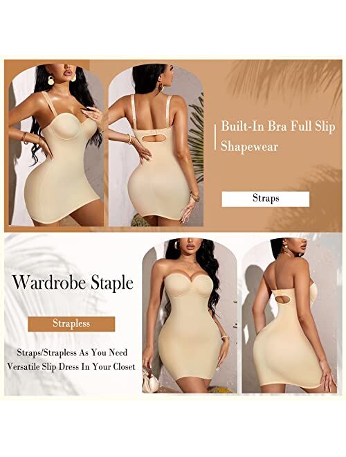 Irisnaya Full Slip Shapewear for Women Under Dresses Strapless Body Shaper Smooth Tummy Control Slips Built In Bra Lingerie